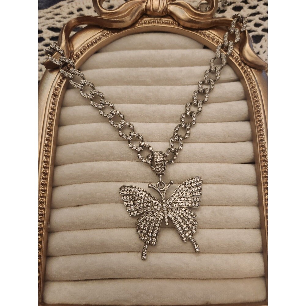 Silver Tone Cuban Link Rhinestone Butterfly Pendant Necklace